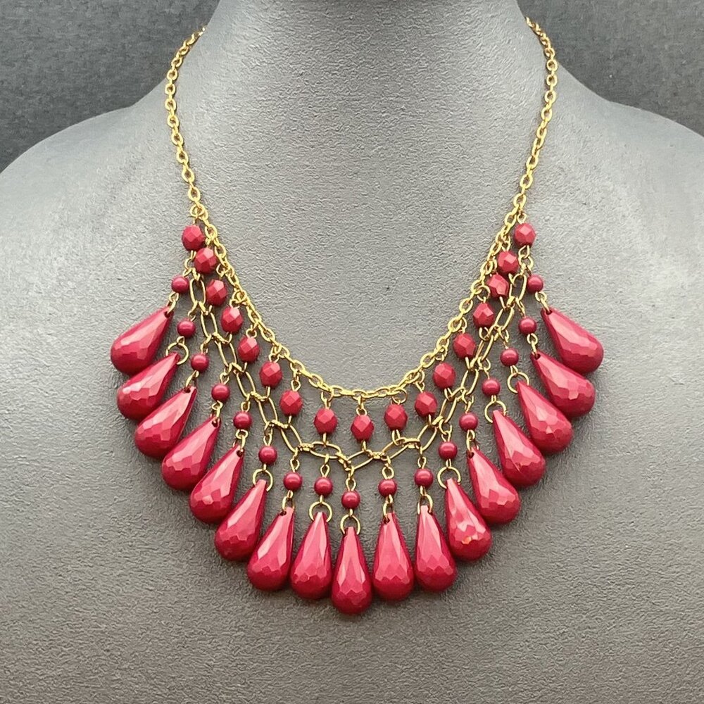 Statement Teardrop Beads Necklace 19 In Red Gold Chain Retro Vintage Dramatic